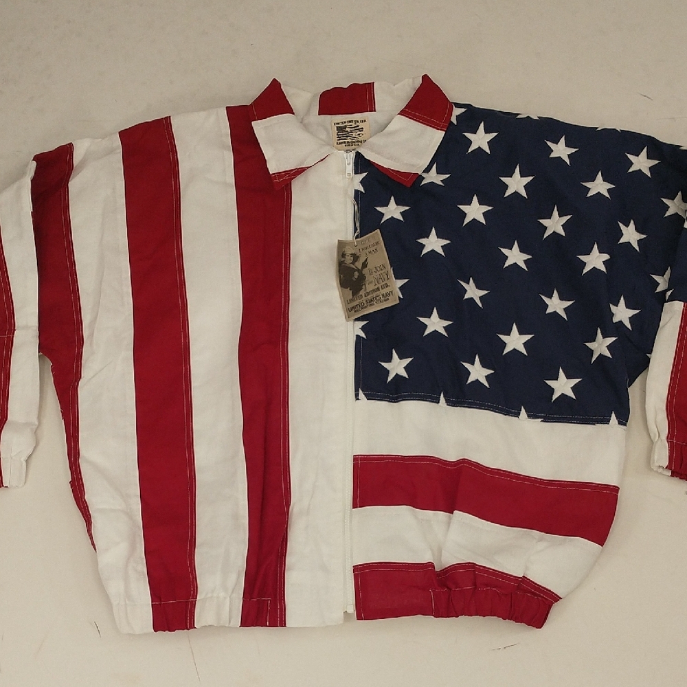 Patriotic Flag Jacket Sewn Stripes Embroidered Stars 100% Cotton USA Made Red ++